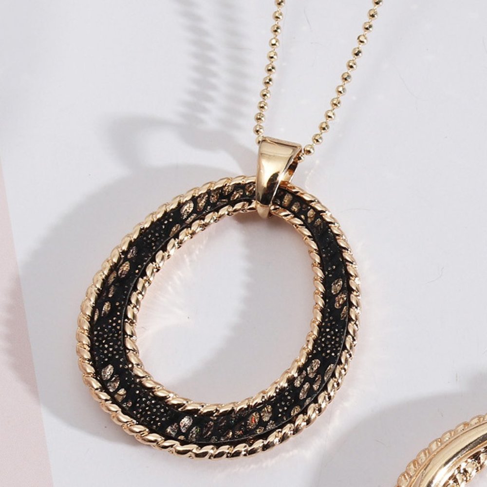 Vegan Leather Black Snakeskin Gold Bead Chain Pendant Necklace